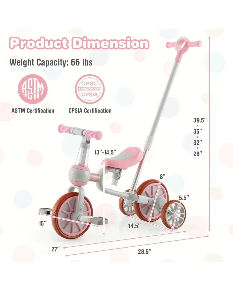 4-in-1 Kids Trike Bike with Adjustable Parent Push Handle and Seat Height-Pink - Pink - Push & Pedal Ride On Toys