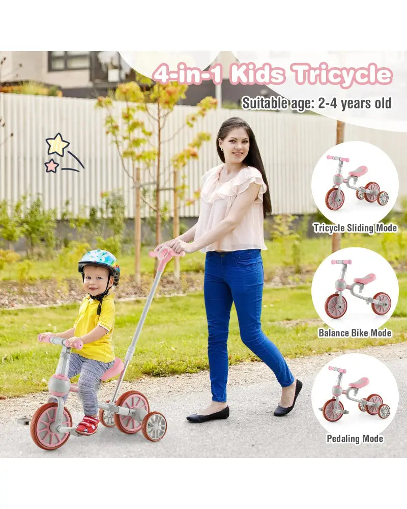 4-in-1 Kids Trike Bike with Adjustable Parent Push Handle and Seat Height-Pink - Pink - Push & Pedal Ride On Toys