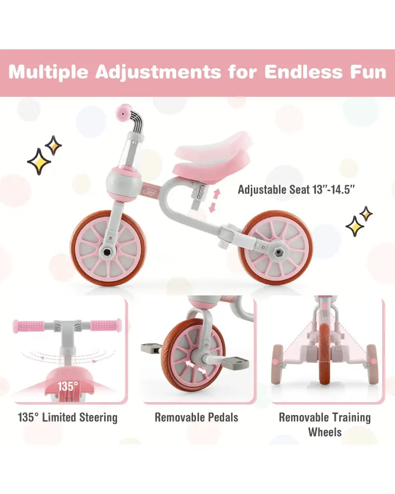 4-in-1 Kids Trike Bike with Adjustable Parent Push Handle and Seat Height-Pink - Pink - Push & Pedal Ride On Toys