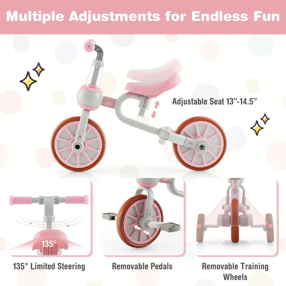 4-in-1 Kids Trike Bike with Adjustable Parent Push Handle and Seat Height-Pink - Pink - Push & Pedal Ride On Toys