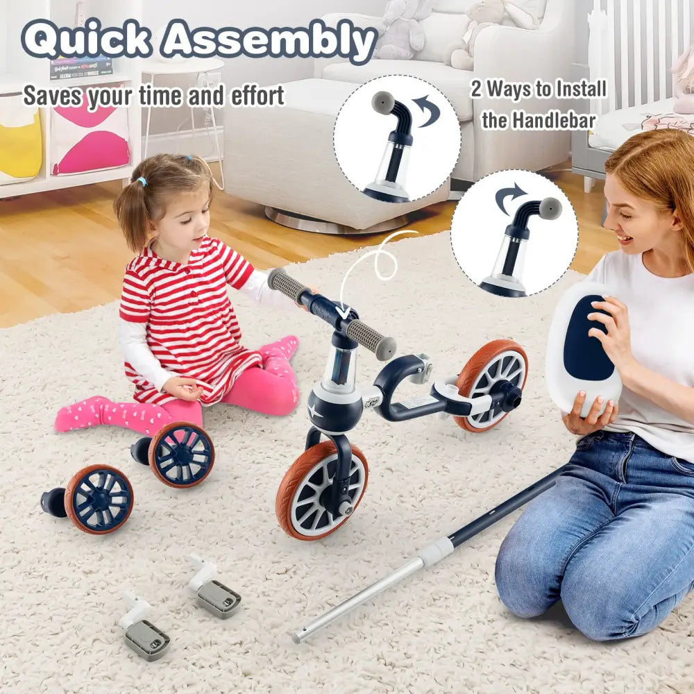 4-in-1 Kids Trike Bike with Adjustable Parent Push Handle and Seat Height-Navy - Navy - Push & Pedal Ride On Toys