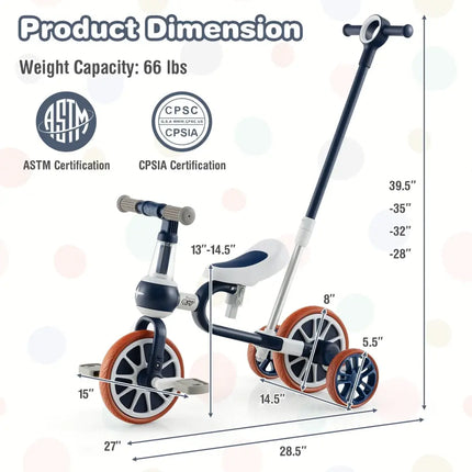 4 - in - 1 Kids Trike Bike with Adjustable Parent Push Handle and Seat Height - Navy - Oasis Home Essentials