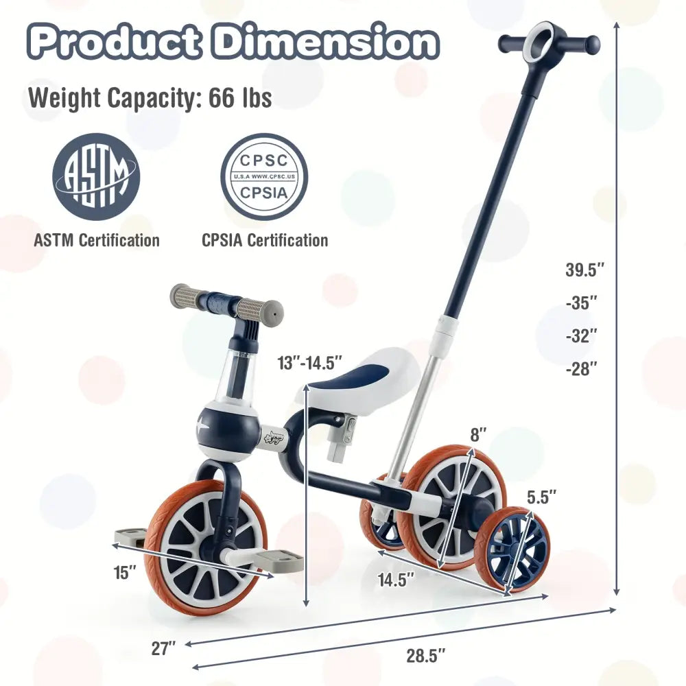 4-in-1 Kids Trike Bike with Adjustable Parent Push Handle and Seat Height-Navy - Navy - Push & Pedal Ride On Toys