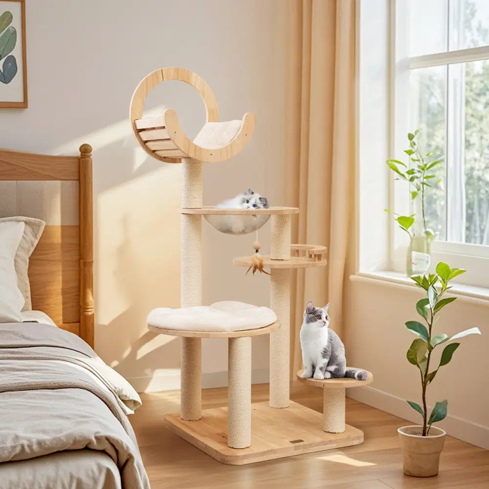 4-in-1 Large Wooden Cat Tower with Space Capsule Nest for Indoor Cats - Beige - Cat Trees Condos & Scratchers