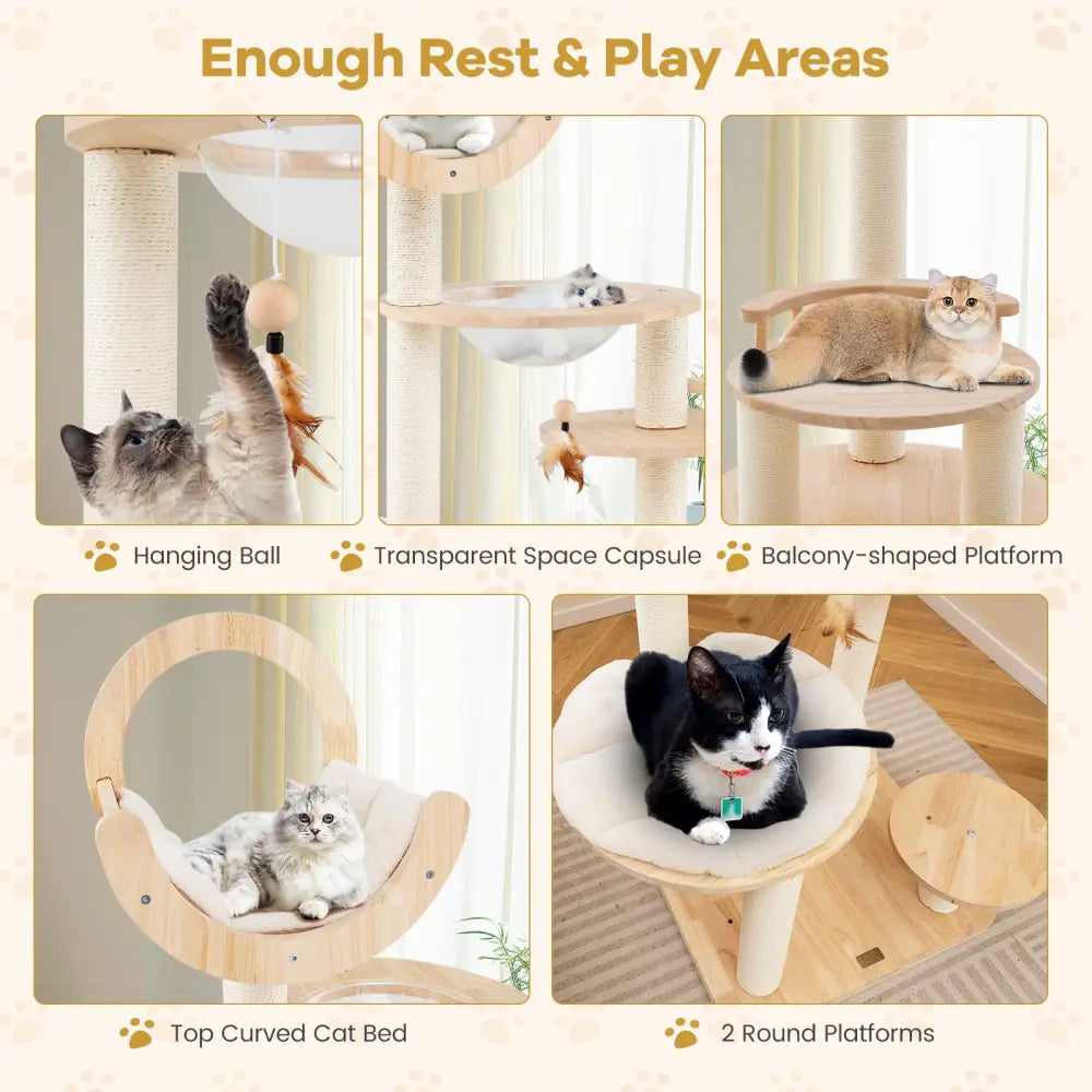 4-in-1 Large Wooden Cat Tower with Space Capsule Nest for Indoor Cats - Beige - Cat Trees Condos & Scratchers