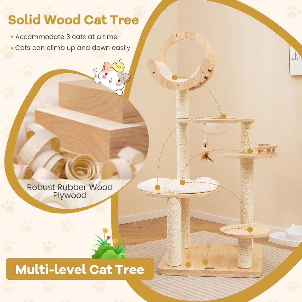 4-in-1 Large Wooden Cat Tower with Space Capsule Nest for Indoor Cats - Beige - Cat Trees Condos & Scratchers