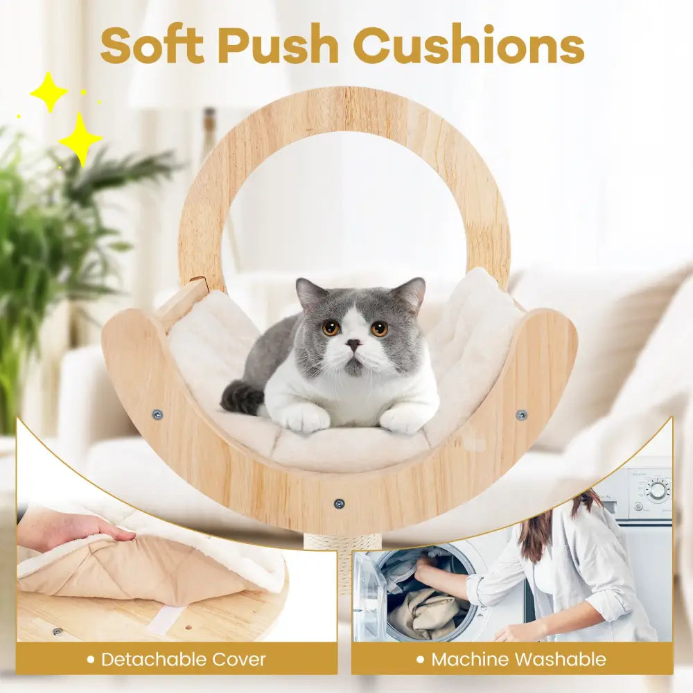 4-in-1 Large Wooden Cat Tower with Space Capsule Nest for Indoor Cats - Beige - Cat Trees Condos & Scratchers