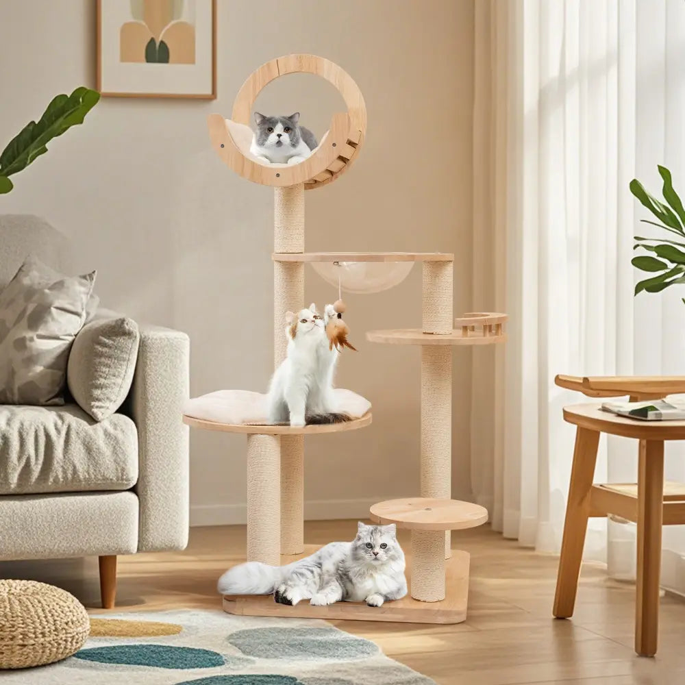 4-in-1 Large Wooden Cat Tower with Space Capsule Nest for Indoor Cats - Beige - Cat Trees Condos & Scratchers