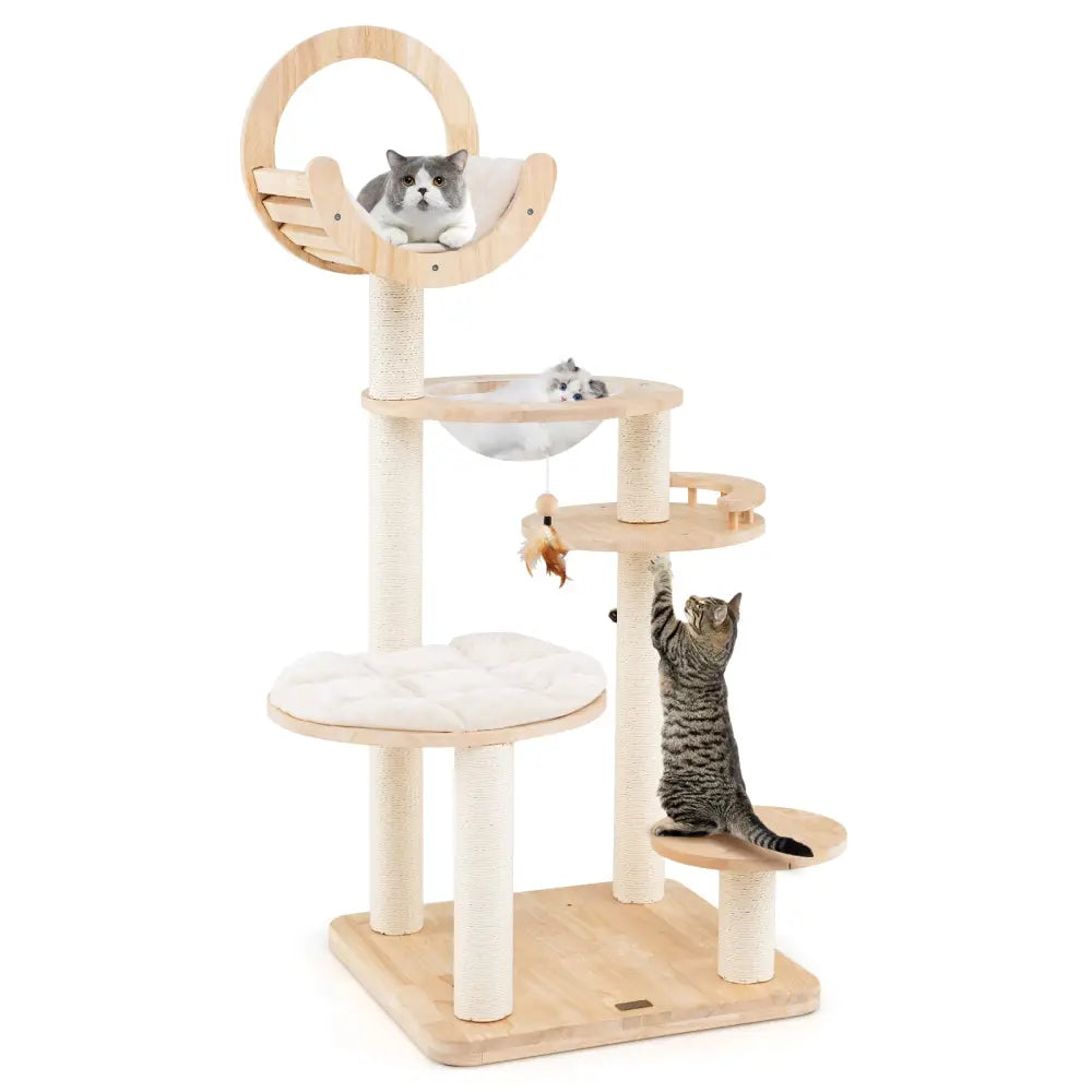 4-in-1 Large Wooden Cat Tower with Space Capsule Nest for Indoor Cats - Beige - Cat Trees Condos & Scratchers