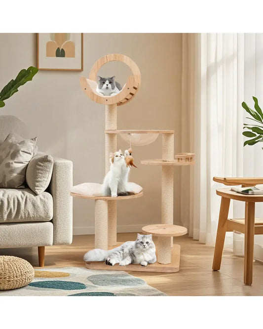 4-in-1 Large Wooden Cat Tower with Space Capsule Nest for Indoor Cats - Beige - Cat Trees Condos & Scratchers