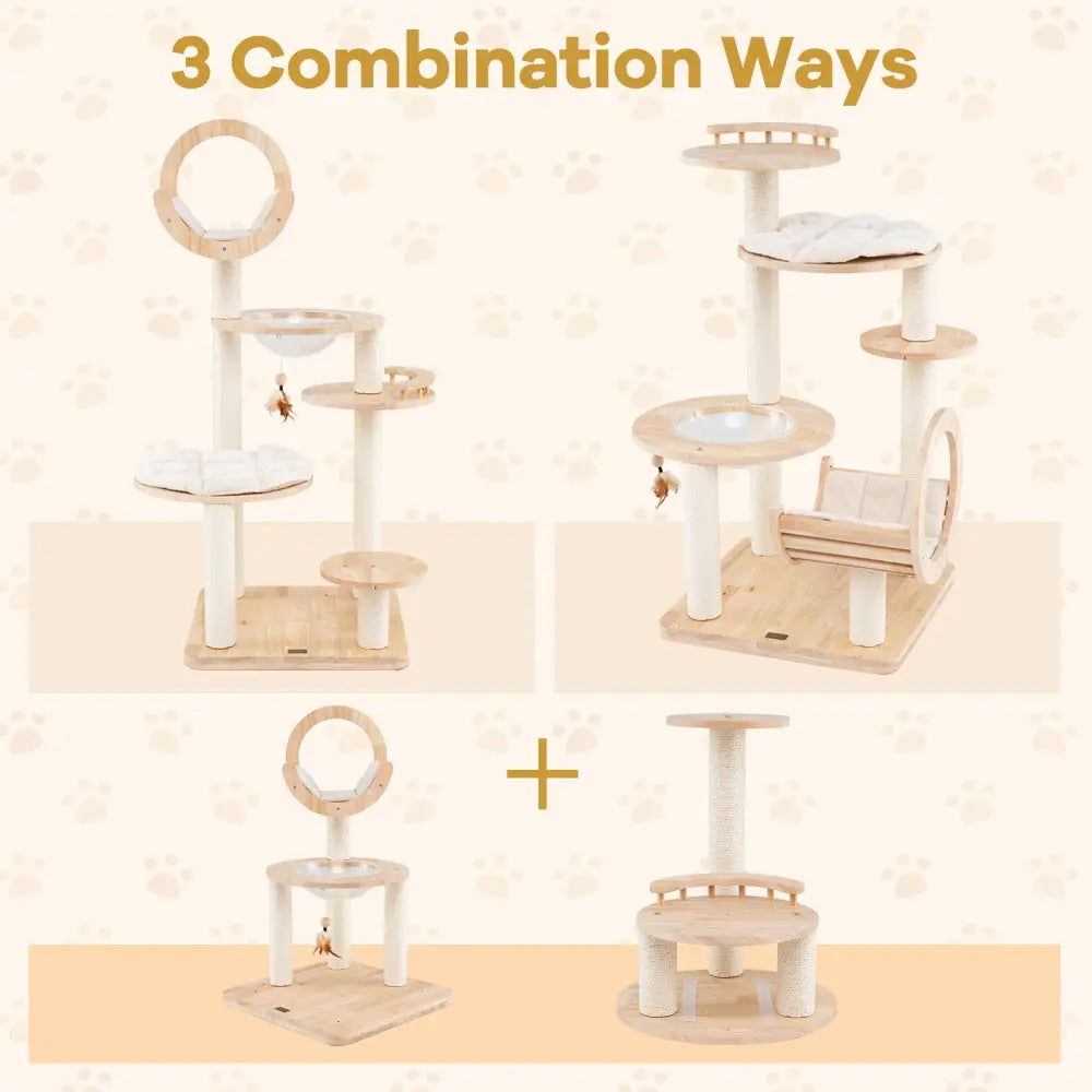 4-in-1 Large Wooden Cat Tower with Space Capsule Nest for Indoor Cats - Beige - Cat Trees Condos & Scratchers