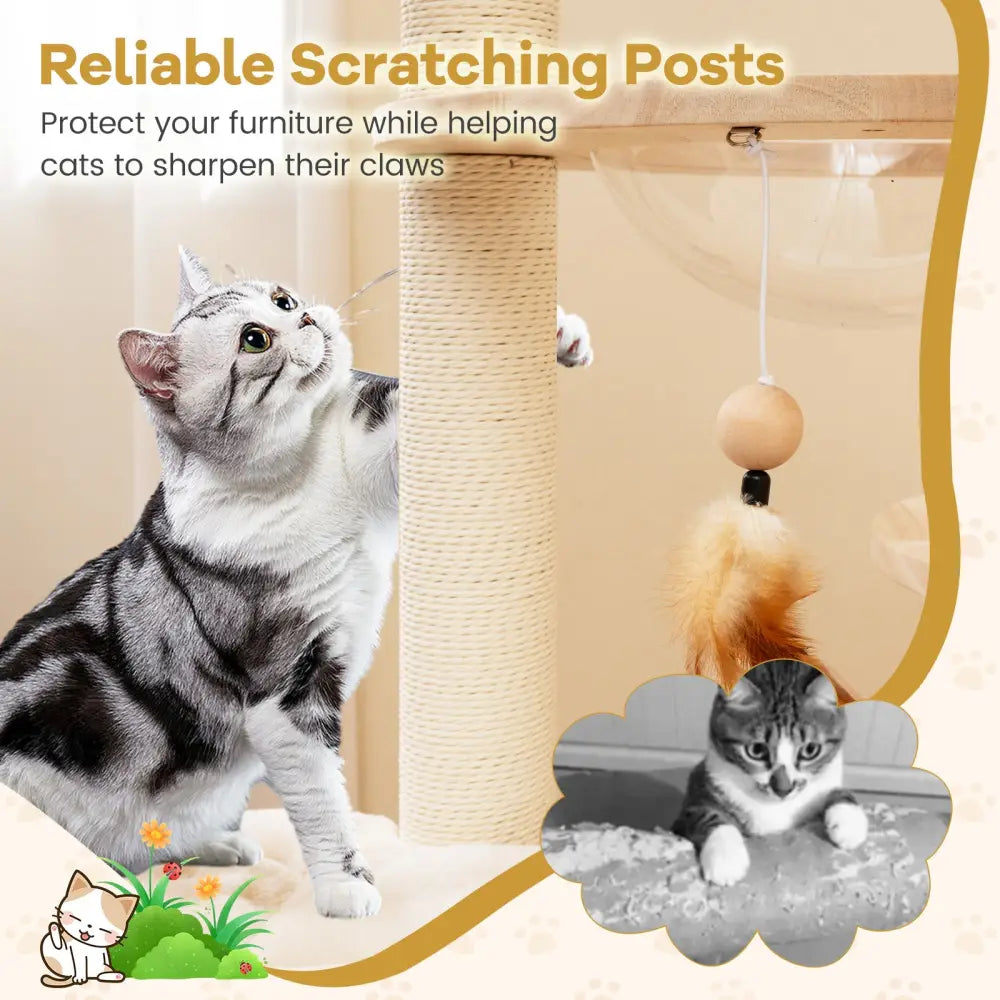 4-in-1 Large Wooden Cat Tower with Space Capsule Nest for Indoor Cats - Beige - Cat Trees Condos & Scratchers