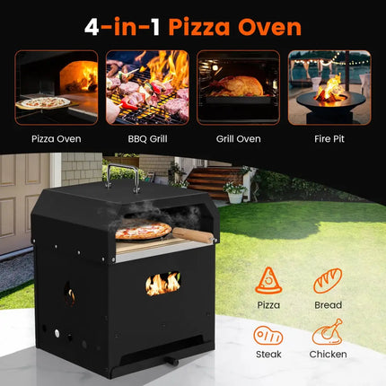 4-in-1 Outdoor Portable Pizza Oven with 12 Inch Pizza Stone - Black - Outdoor Grills