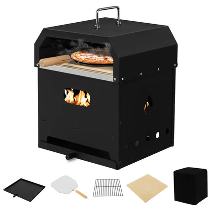 4-in-1 Outdoor Portable Pizza Oven with 12 Inch Pizza Stone - Black - Outdoor Grills