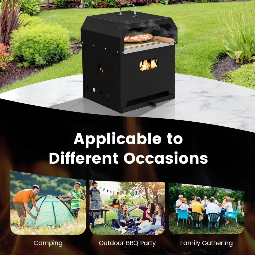 4-in-1 Outdoor Portable Pizza Oven with 12 Inch Pizza Stone - Black - Outdoor Grills