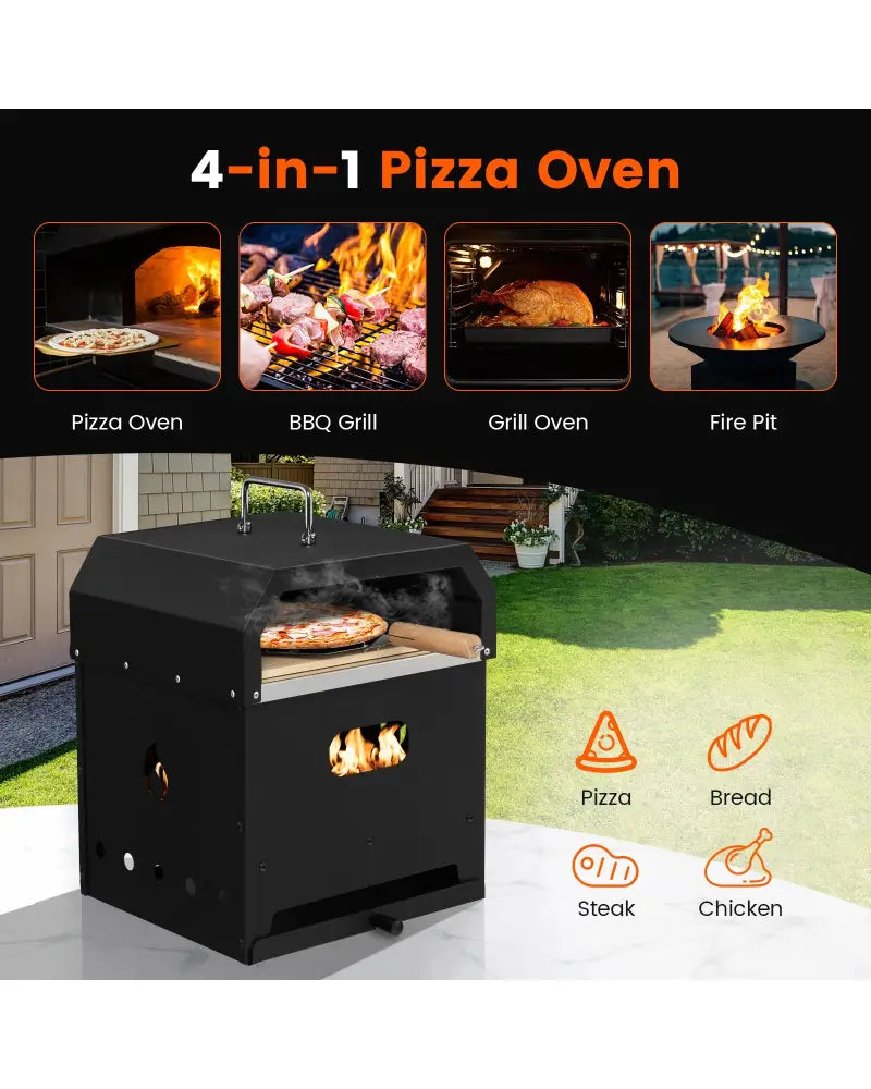 4-in-1 Outdoor Portable Pizza Oven with 12 Inch Pizza Stone - Black - Outdoor Grills