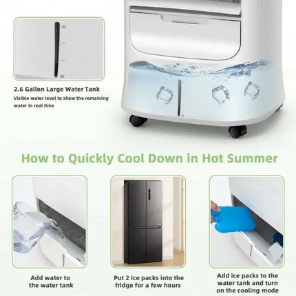 Portable air conditioner with water tank and ice pack usage instructions on a white background