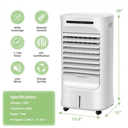 Portable air conditioner with features and specifications on a white background