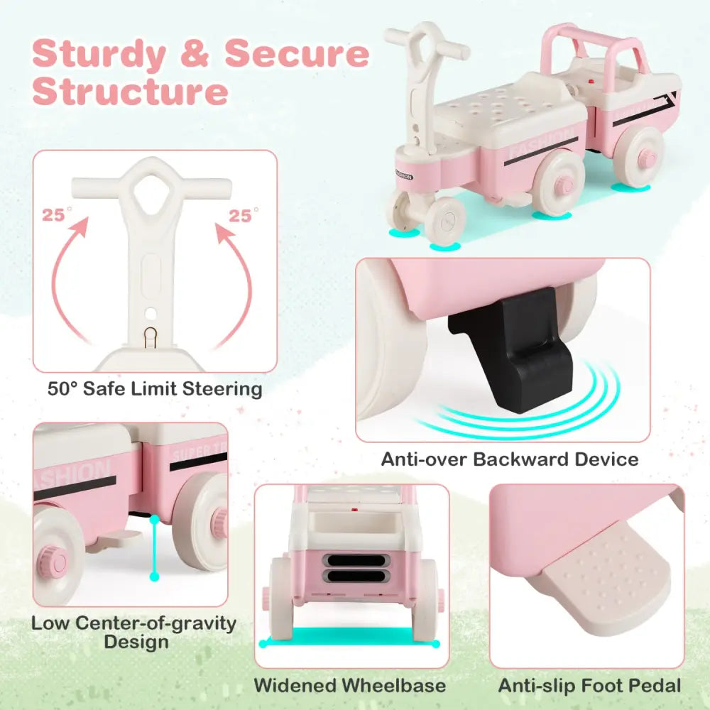 4 in 1 Ride on Push Car with Music and Under-Seat Storage for Boys Girls-Pink - Pink - Push & Pedal Ride On Toys