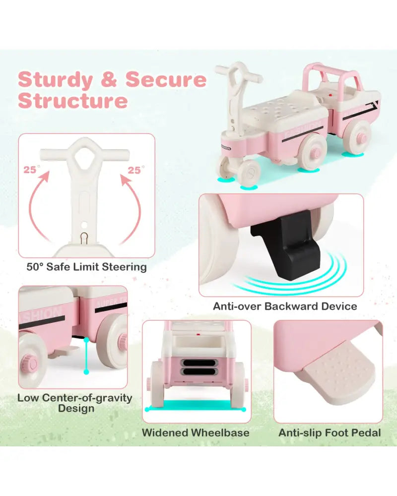 4 in 1 Ride on Push Car with Music and Under-Seat Storage for Boys Girls-Pink - Pink - Push & Pedal Ride On Toys