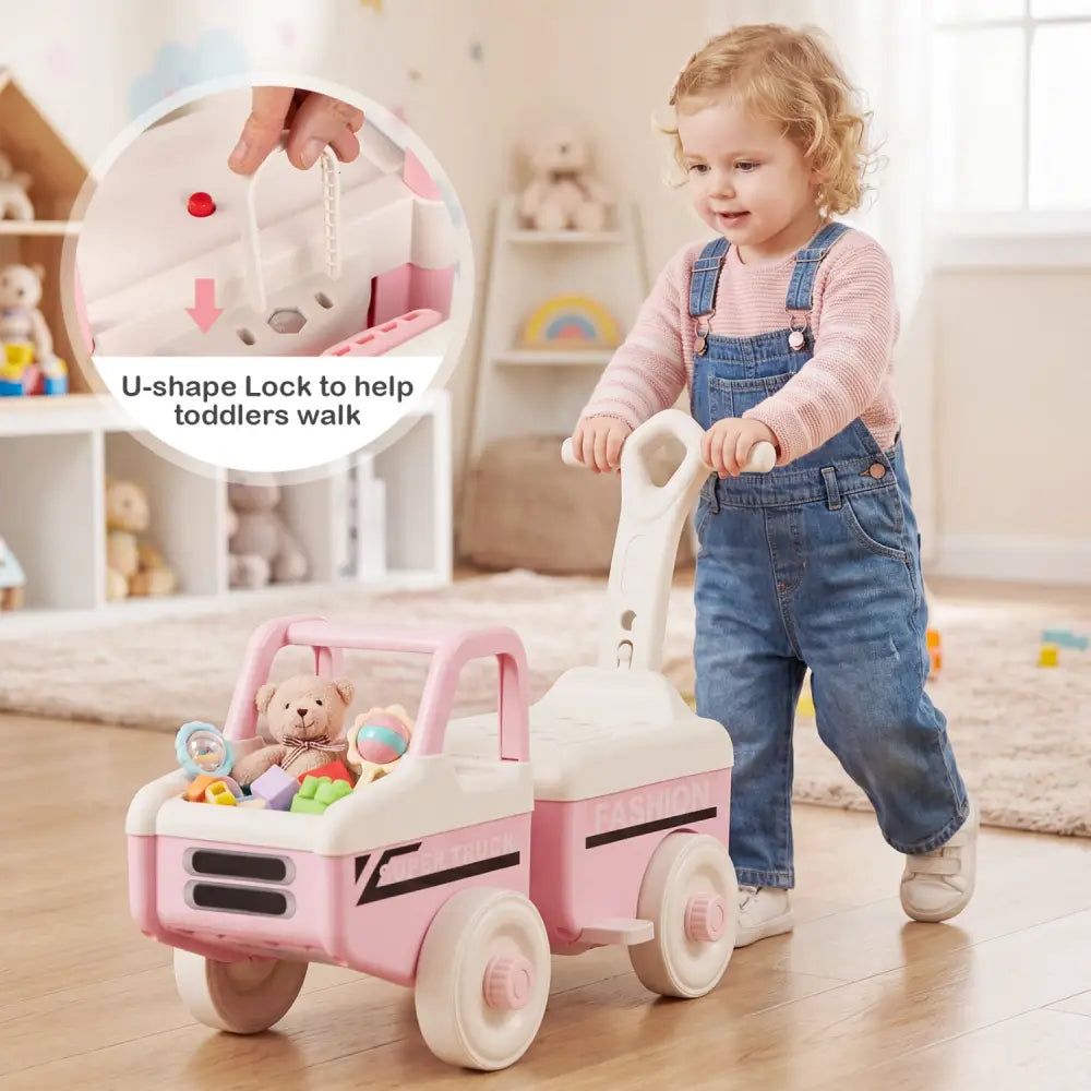 4 in 1 Ride on Push Car with Music and Under-Seat Storage for Boys Girls-Pink - Pink - Push & Pedal Ride On Toys