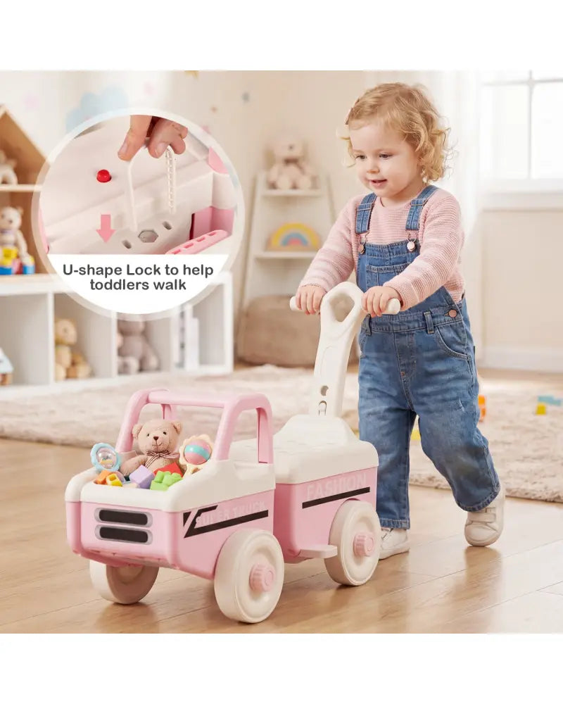4 in 1 Ride on Push Car with Music and Under-Seat Storage for Boys Girls-Pink - Pink - Push & Pedal Ride On Toys