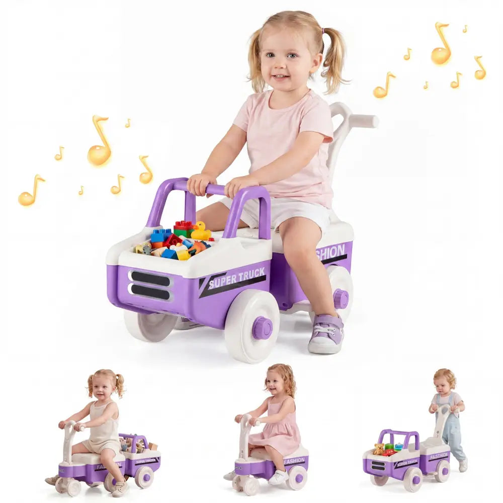 4 in 1 Ride on Push Car with Music and Under-Seat Storage for Boys Girls-Purple - Purple - Push & Pedal Ride On Toys