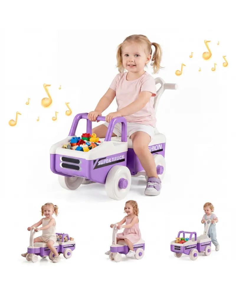 4 in 1 Ride on Push Car with Music and Under-Seat Storage for Boys Girls-Purple - Purple - Push & Pedal Ride On Toys