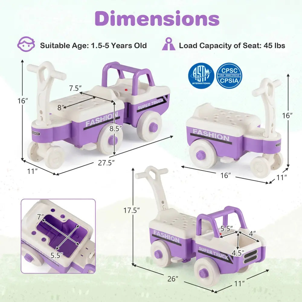 4 in 1 Ride on Push Car with Music and Under-Seat Storage for Boys Girls-Purple - Purple - Push & Pedal Ride On Toys