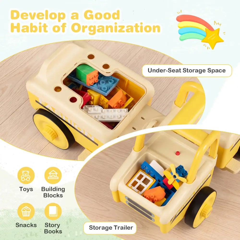 4 in 1 Ride on Push Car with Music and Under-Seat Storage for Boys Girls-Yellow - Yellow - Push & Pedal Ride On Toys