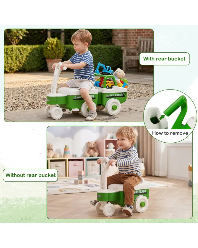 4 in 1 Ride on Push Car with Music and Under-Seat Storage for Boys Girls-Green - Green - Push & Pedal Ride On Toys