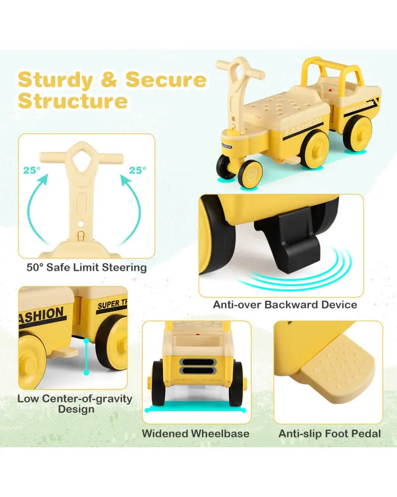 4 in 1 Ride on Push Car with Music and Under-Seat Storage for Boys Girls-Yellow - Yellow - Push & Pedal Ride On Toys