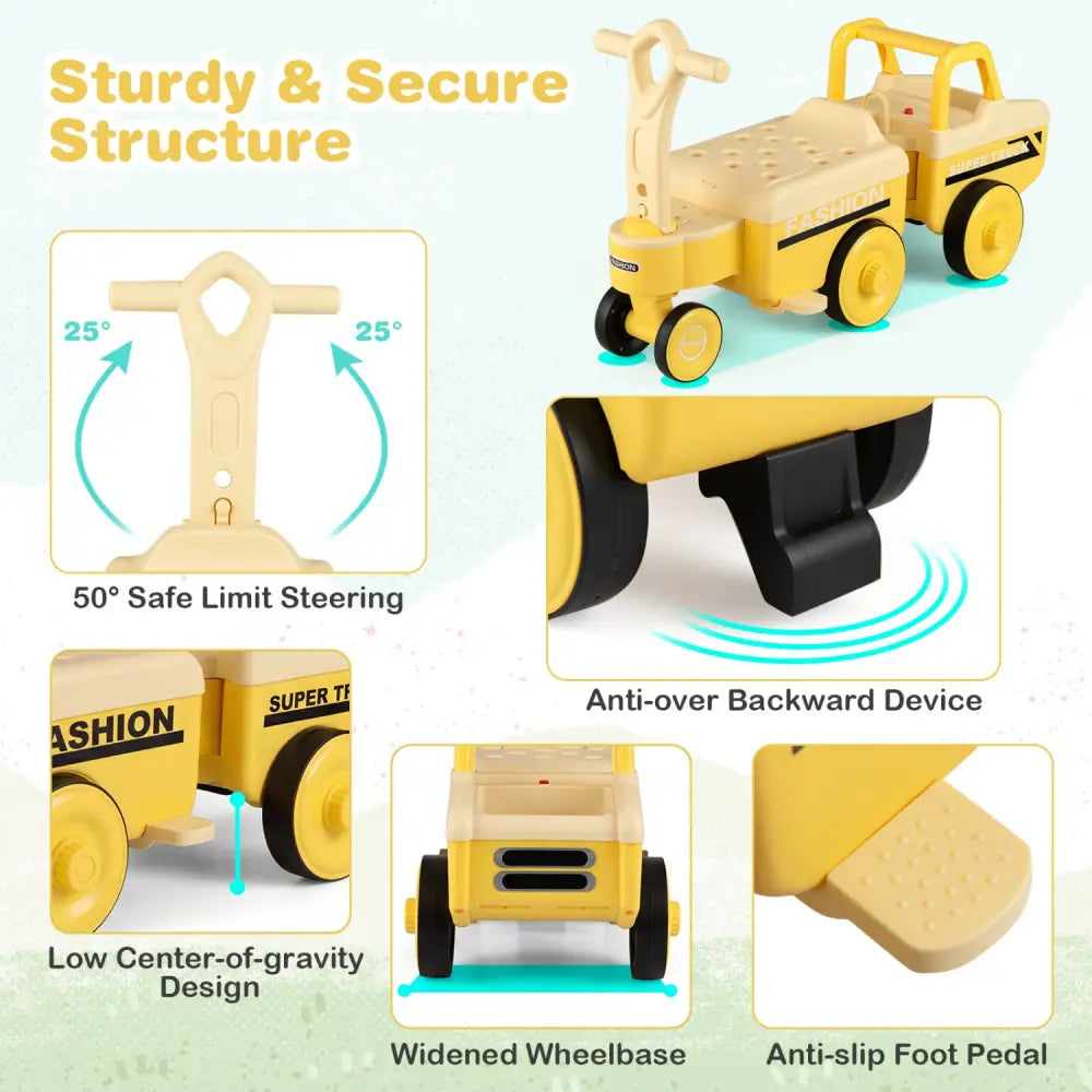 4 in 1 Ride on Push Car with Music and Under-Seat Storage for Boys Girls-Yellow - Yellow - Push & Pedal Ride On Toys