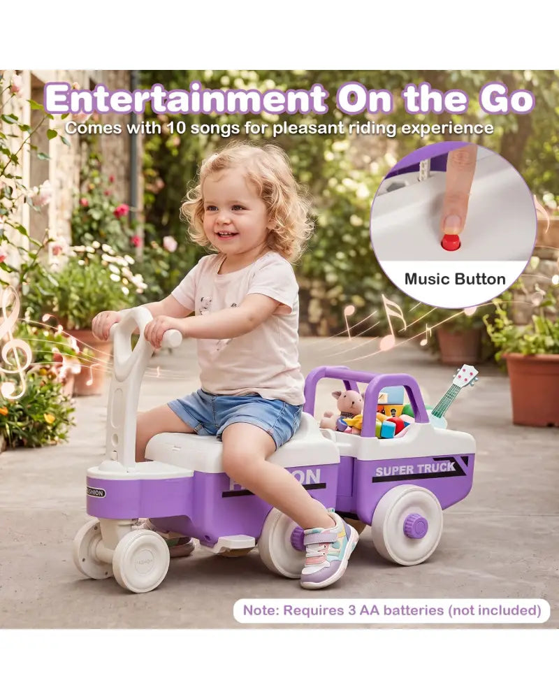 4 in 1 Ride on Push Car with Music and Under-Seat Storage for Boys Girls-Purple - Purple - Push & Pedal Ride On Toys