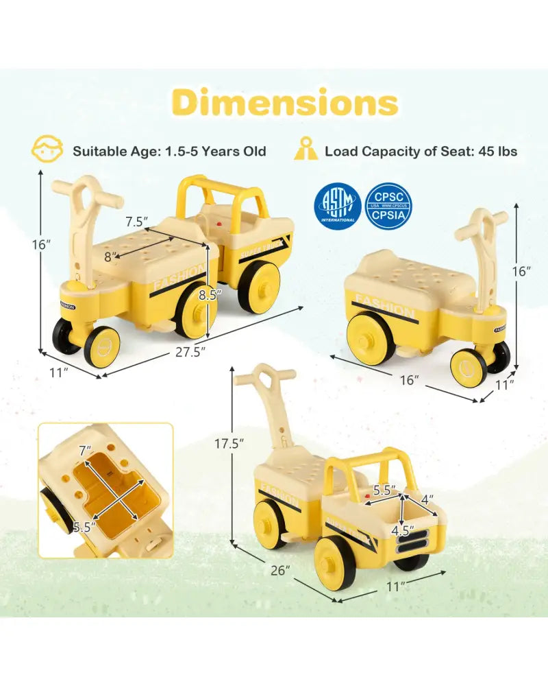 4 in 1 Ride on Push Car with Music and Under-Seat Storage for Boys Girls-Yellow - Yellow - Push & Pedal Ride On Toys