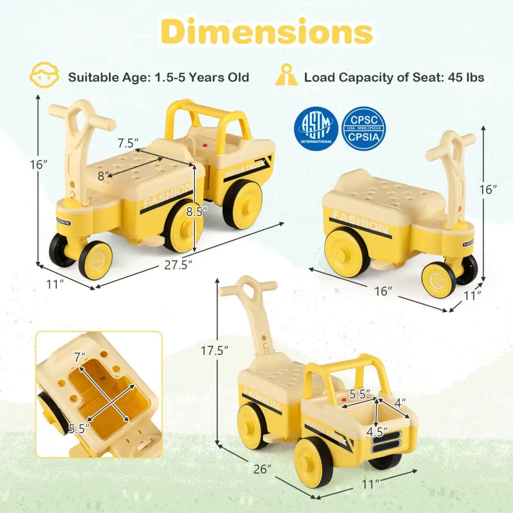4 in 1 Ride on Push Car with Music and Under-Seat Storage for Boys Girls-Yellow - Yellow - Push & Pedal Ride On Toys