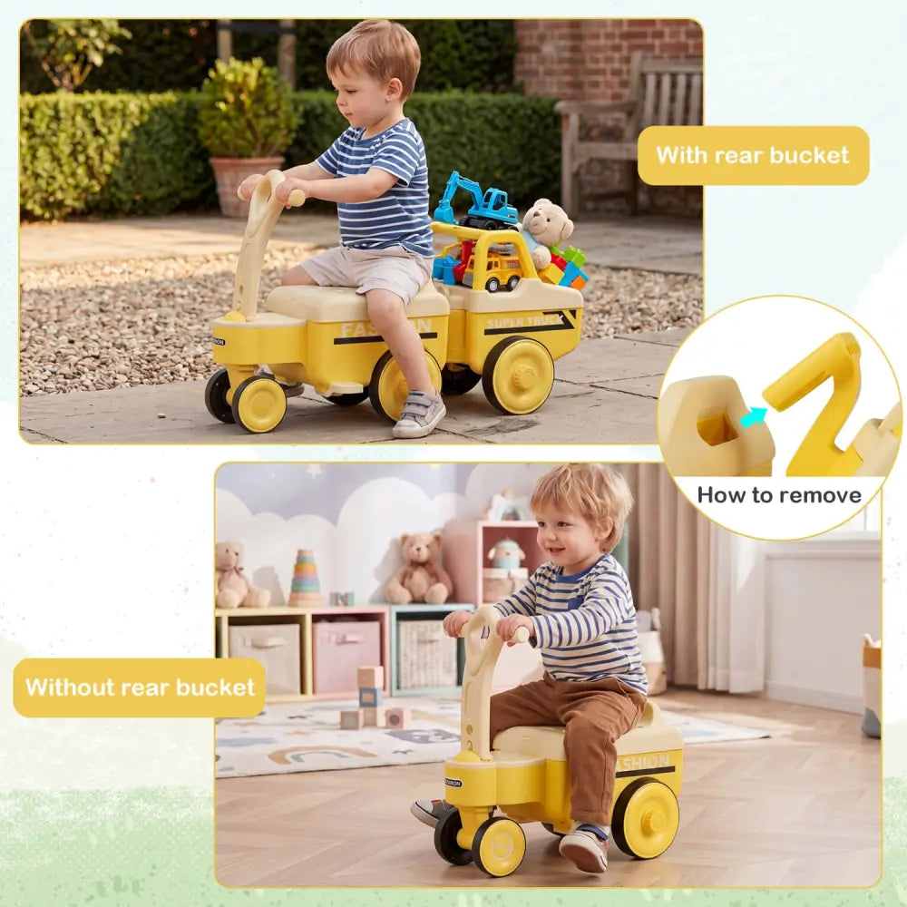 4 in 1 Ride on Push Car with Music and Under-Seat Storage for Boys Girls-Yellow - Yellow - Push & Pedal Ride On Toys