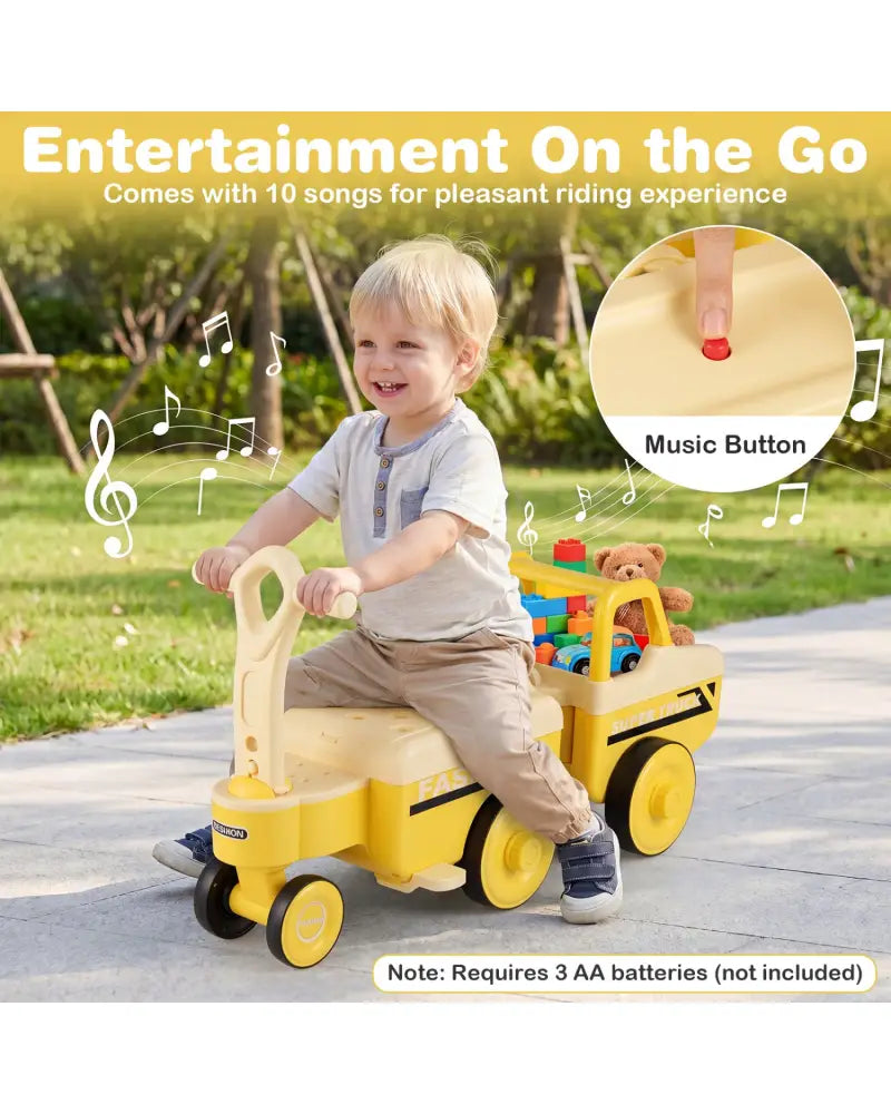 4 in 1 Ride on Push Car with Music and Under-Seat Storage for Boys Girls-Yellow - Yellow - Push & Pedal Ride On Toys