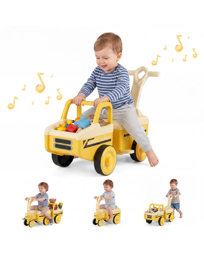 4 in 1 Ride on Push Car with Music and Under-Seat Storage for Boys Girls-Yellow - Yellow - Push & Pedal Ride On Toys