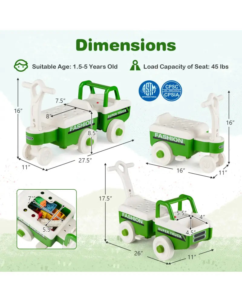 4 in 1 Ride on Push Car with Music and Under-Seat Storage for Boys Girls-Green - Green - Push & Pedal Ride On Toys