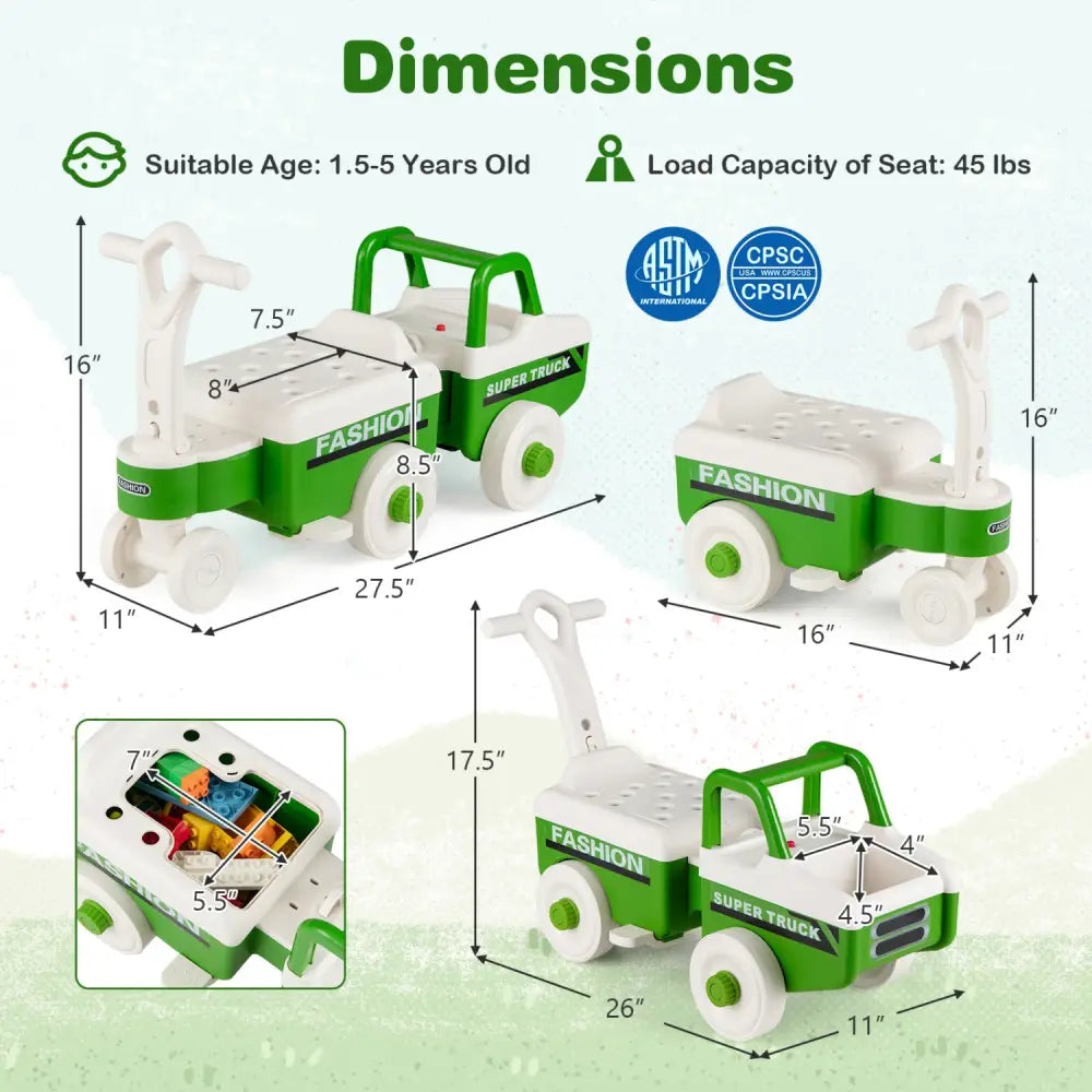 4 in 1 Ride on Push Car with Music and Under-Seat Storage for Boys Girls-Green - Green - Push & Pedal Ride On Toys