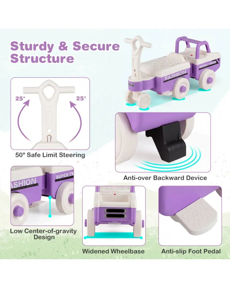 4 in 1 Ride on Push Car with Music and Under-Seat Storage for Boys Girls-Purple - Purple - Push & Pedal Ride On Toys