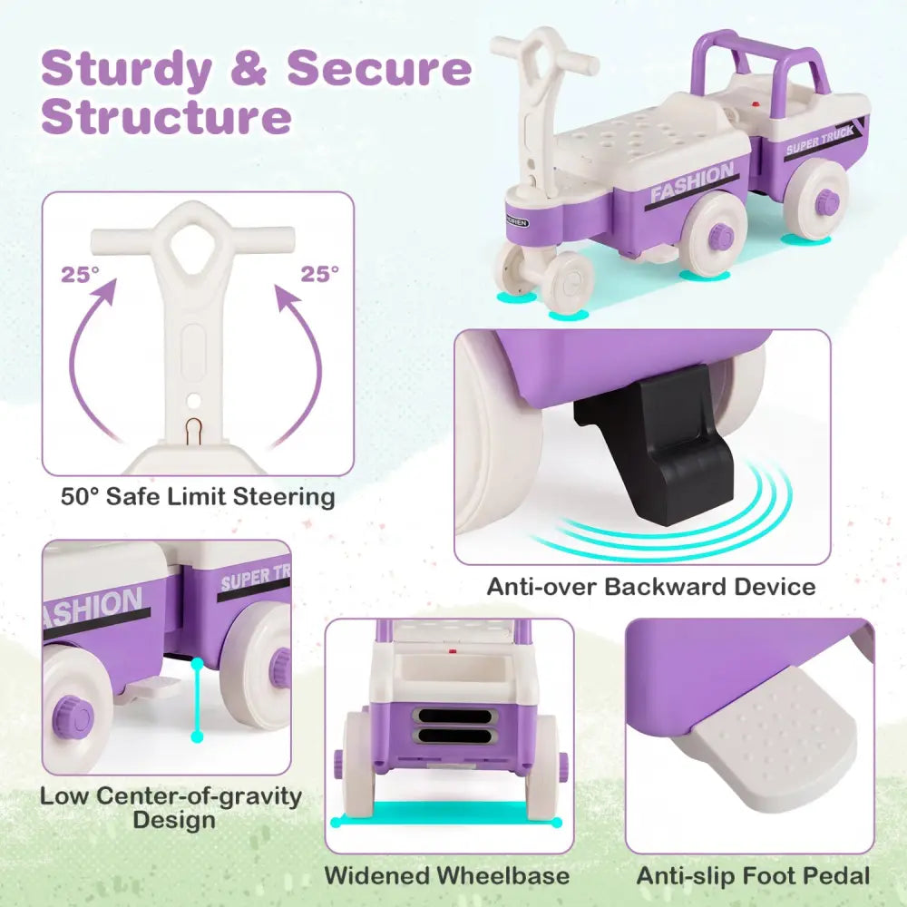 4 in 1 Ride on Push Car with Music and Under-Seat Storage for Boys Girls-Purple - Purple - Push & Pedal Ride On Toys