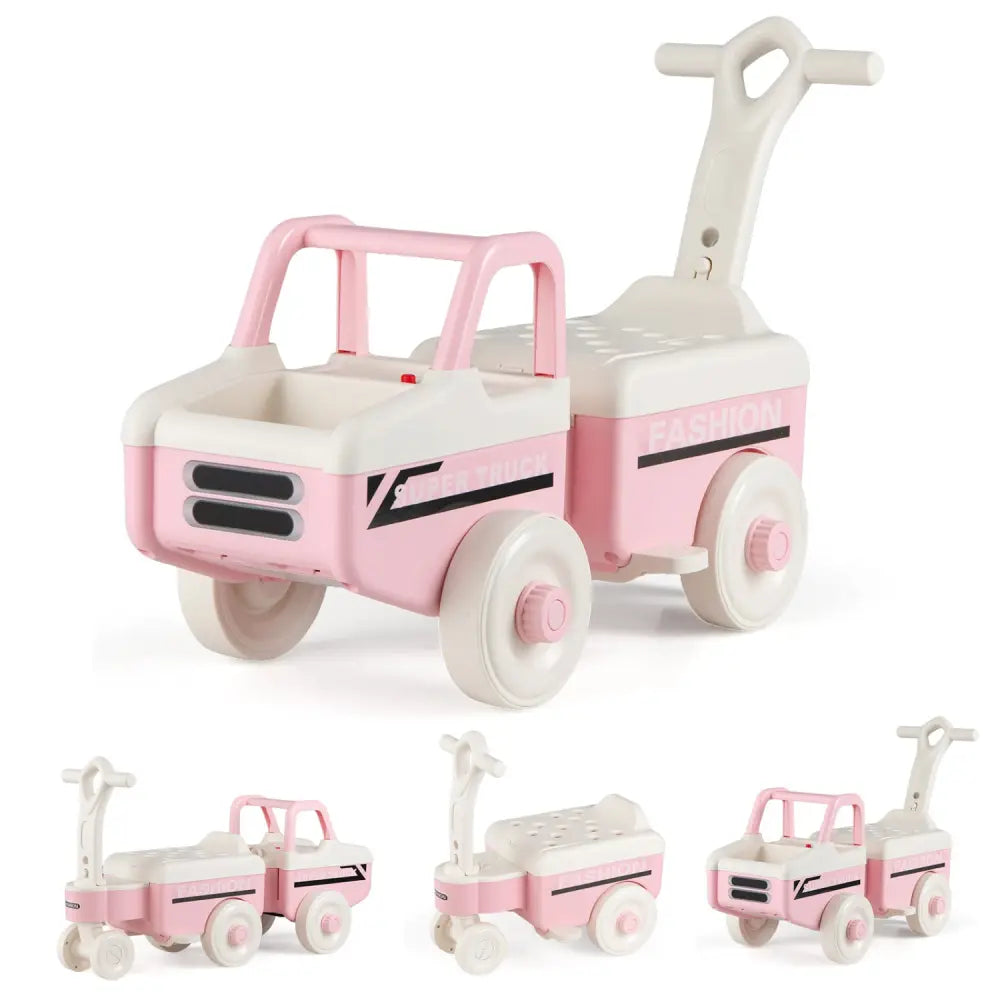 4 in 1 Ride on Push Car with Music and Under-Seat Storage for Boys Girls-Pink - Pink - Push & Pedal Ride On Toys