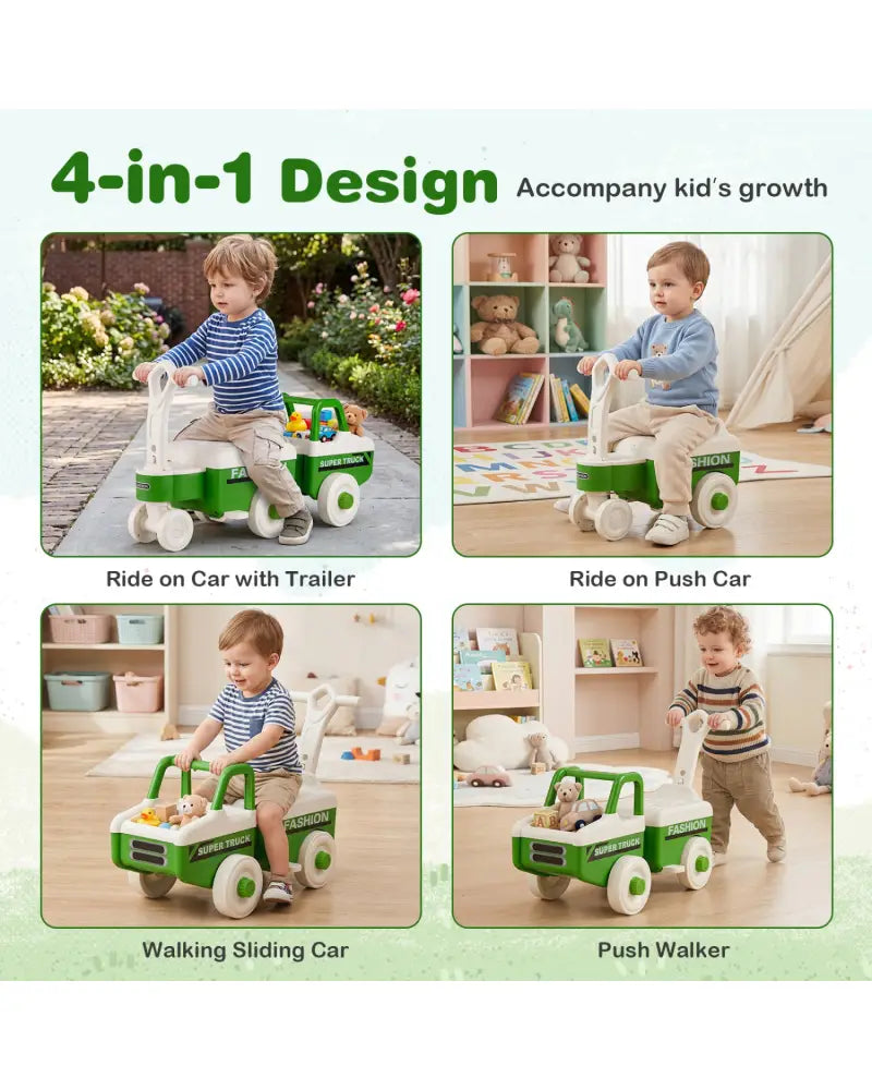 4 in 1 Ride on Push Car with Music and Under-Seat Storage for Boys Girls-Green - Green - Push & Pedal Ride On Toys