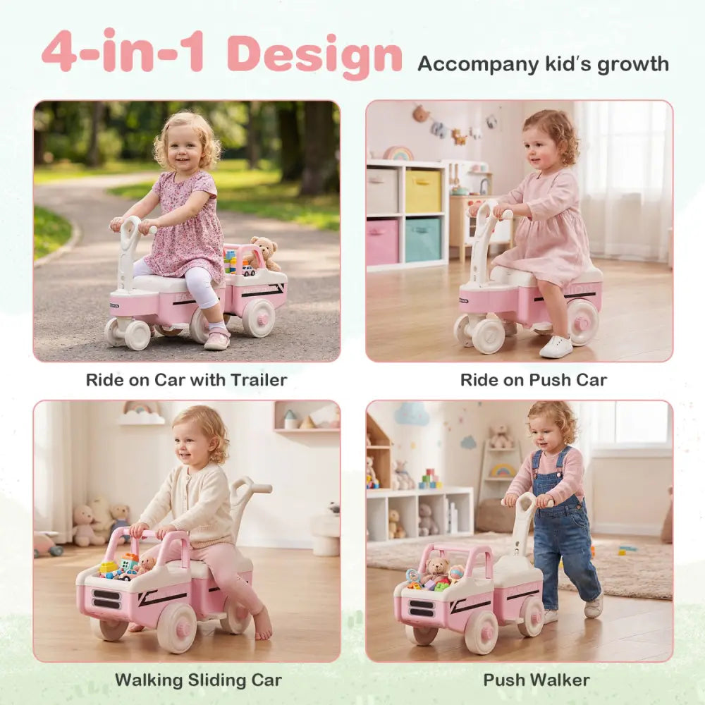 4 in 1 Ride on Push Car with Music and Under-Seat Storage for Boys Girls-Pink - Pink - Push & Pedal Ride On Toys