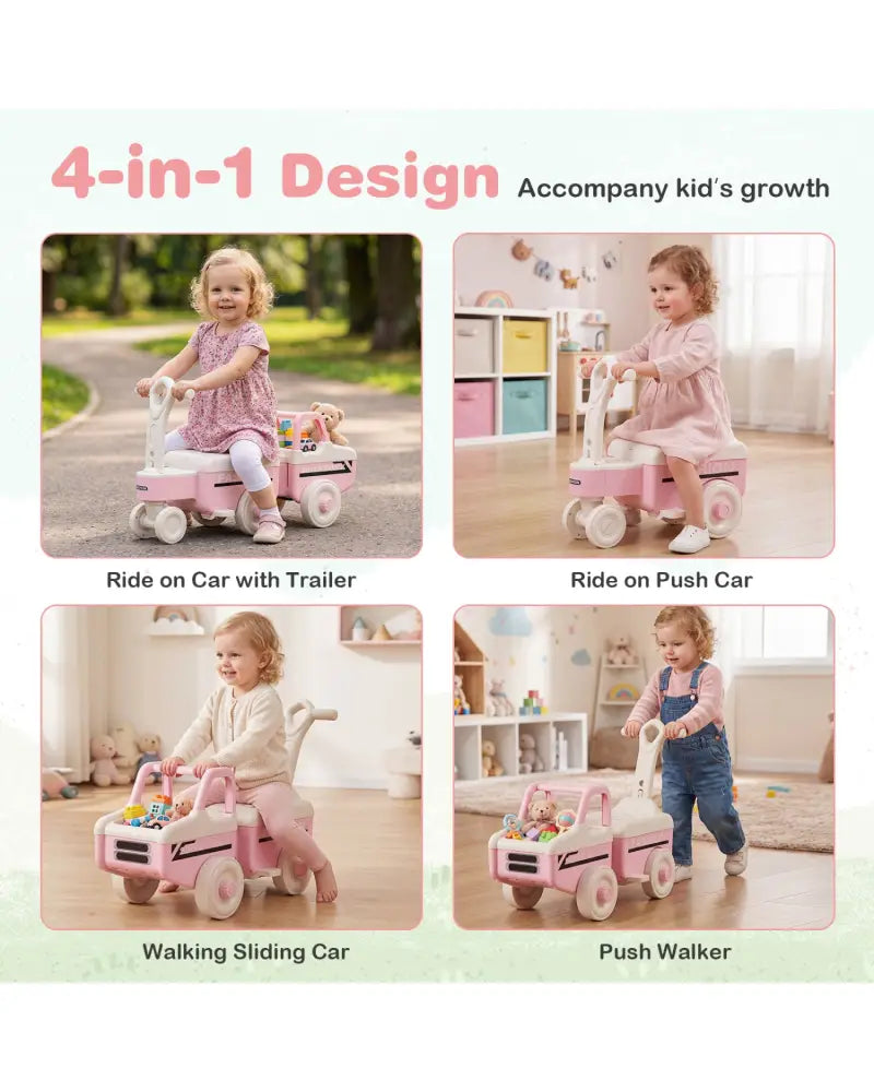 4 in 1 Ride on Push Car with Music and Under-Seat Storage for Boys Girls-Pink - Pink - Push & Pedal Ride On Toys
