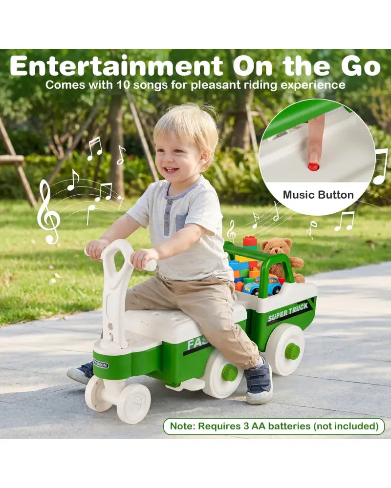 4 in 1 Ride on Push Car with Music and Under-Seat Storage for Boys Girls-Green - Green - Push & Pedal Ride On Toys