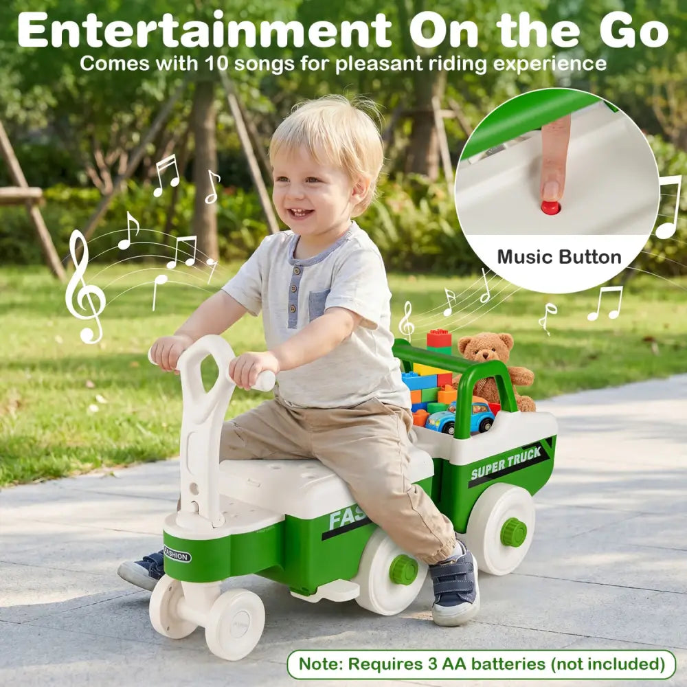 4 in 1 Ride on Push Car with Music and Under-Seat Storage for Boys Girls-Green - Green - Push & Pedal Ride On Toys