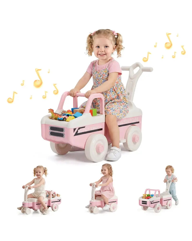 4 in 1 Ride on Push Car with Music and Under-Seat Storage for Boys Girls-Pink - Pink - Push & Pedal Ride On Toys